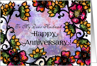 To My Dear Husband, Happy Anniversary! Bold Pink,Gold Flowers card