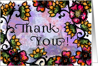 Thank You! Bright Pink and Gold Flowers, Floral Art, Boho Style Art card