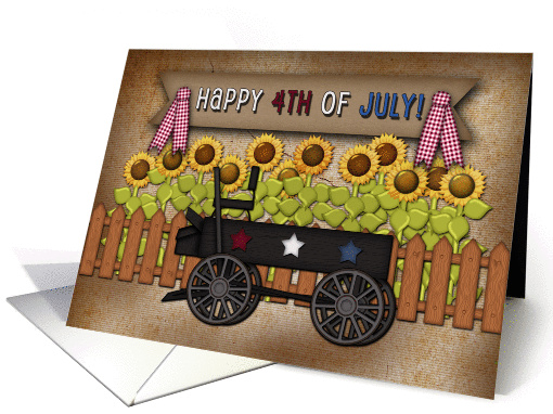 Happy 4th of July! Wooden Wagon and Sunflowers, Primitive... (1298336)