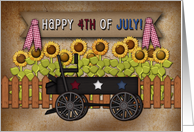 Happy 4th of July! Wooden Wagon and Sunflowers, Primitive Folk Art card
