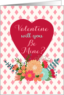 Valentine, Will You Be Mine? Red Heart, Floral White Latticework, Pink card