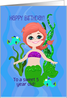 Happy Birthday! Red Haired Mermaid, Fish, Glitter Look Sea Grass card