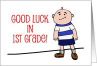 Good Luck In 1st Grade Grinning Boy in Striped Shirt Back to School card