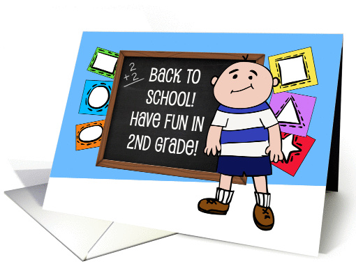 Back To School, Have Fun In 2nd Grade, Smiling Boy, Chalkboard card