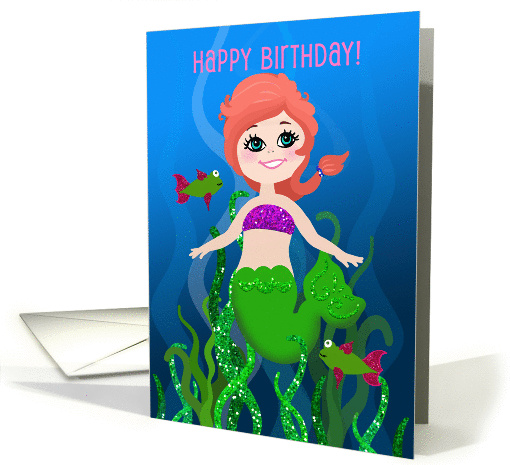 Happy Birthday! Red Haired Mermaid, Glitter Look Sea... (1314920)