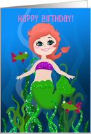 Happy Birthday! Red Haired Mermaid, Glitter Look Sea Grass, Fishies card