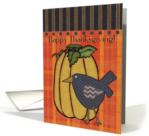 Happy Thankgiving! Prim Crow and Pumpkin, Orange Plaid, Polkadots card