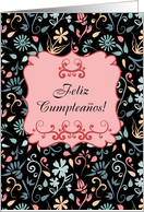 Spanish Happy Birthday, Feliz Cumpleanos, Floral Swirls on Black card