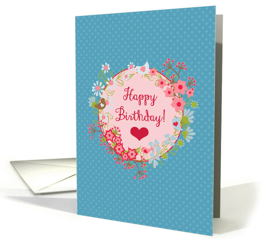 Happy Birthday! Floral Round With Birds and Blooms, Polka... (1378618)