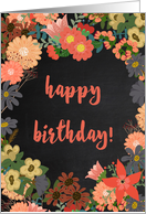 Happy Birthday! Coral and Gold Florals on Faux Black Chalkboard card