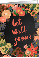 Get Well Soon! Coral and Gold Florals on Faux Black Chalkboard card