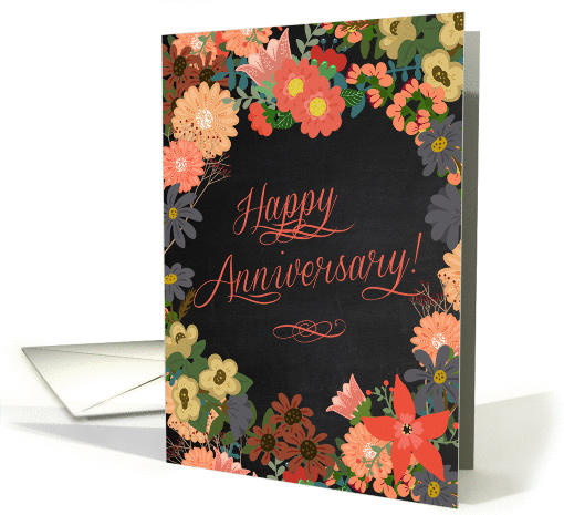 Happy Anniversary! Coral and Gold Florals on Faux Black... (1407340)