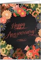 Happy Anniversary! Coral and Gold Florals on Faux Black Chalkboard card
