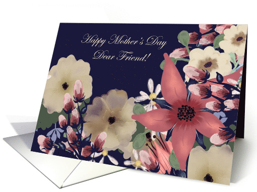 Friend Happy Mother's Day! Mixed Floral Border on Navy Blue card