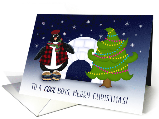 To A Cool Boss at Christmas Penguin, Christmas Tree, Igloo card