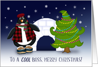 To A Cool Boss at Christmas Penguin, Christmas Tree, Igloo card