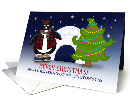 Business You Customize Text, Merry Christmas, Penguin Tree Igloo card