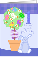 Easter Birthday, One Year Old Boy, Easter Topiary and Blue Bunny card