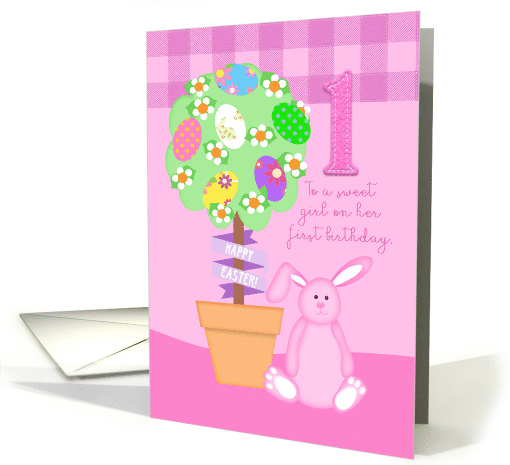 Easter Birthday, One Year Old Girl, Easter Topiary and Pink Bunny card