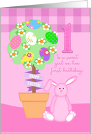 Easter Birthday, One Year Old Girl, Easter Topiary and Pink Bunny card