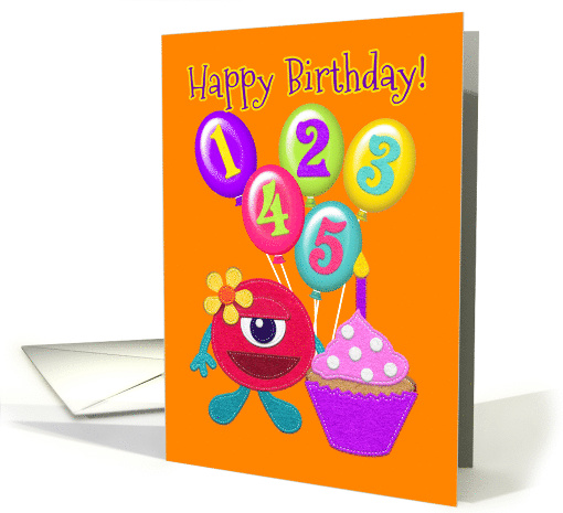 Happy Birthday 5 Years Old, Girl Monster and Cupcake, Felt Look card