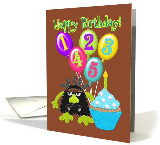 Happy Birthday 5 Years Old, Boy Monster and Cupcake, Felt Look card