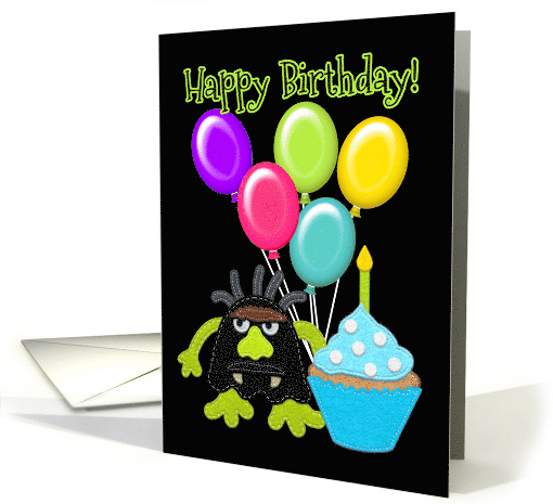 Happy Birthday Monster, Balloons and Cupcake, Felt Look card (1599038)