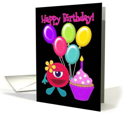 Happy Birthday Monster, Balloons and Cupcake, Felt Look card (1599040)