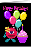 Happy Birthday Monster, Balloons and Cupcake, Felt Look card