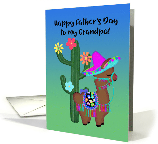 Happy Father's Day to My Grandpa Cute Llama with Hat and Cactus card