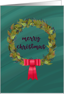 Merry Christmas Leaves and Berries Pink Bow Wreath card