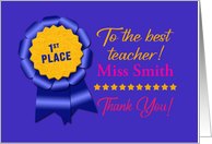 Thank You Best Teacher Blue Ribbon Customized Name card