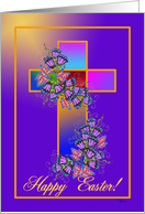 Happy Easter Religious Cross in Stain Glass Style With Flowers card