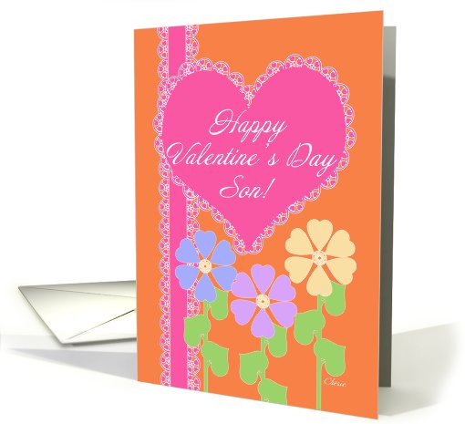 Happy Valentine's Day Son! Pink Heart Lace & Flowers card (750508)