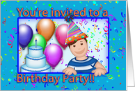 Boy Birthday Party Invitation Balloons, Confetti card