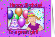 Happy Birthday To A Great Girl, 7 Years Old, Balloons, Confetti, Party Hat card