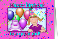 Happy Birthday To A Great Girl! Balloons, Party Hat, Pink, Confetti card