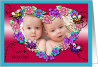 Bee My Valentine? Floral Heart, Whimsical Bees - Photo Card