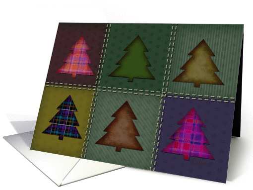 Christmas Tree Appliques, Stitched Folk Art Holiday Fabric card