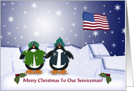 Merry Christmas To Our Servceman! Whimsical Penguins & U.S. Flag card
