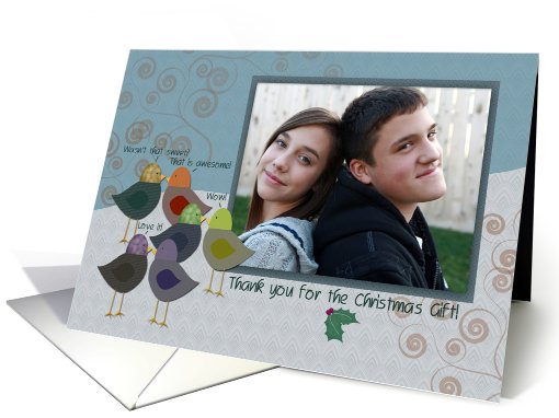 Thank You For The Christmas Gift Photo Card Birdies and Swirls card