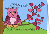 Valentine Owl Always Love You, Whimsical Owl and Hearts Tree card