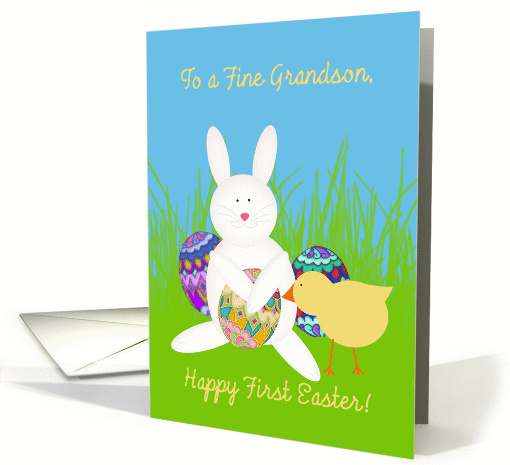 First Easter for Grandson, Bunny, Chick and Decorated Eggs card
