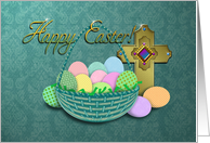 Happy Easter Cross, Wicker Basket with Decorated Eggs, Religious card