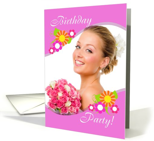 Birthday Party Photo Card Invitation, Pink with Flowers card (906560)