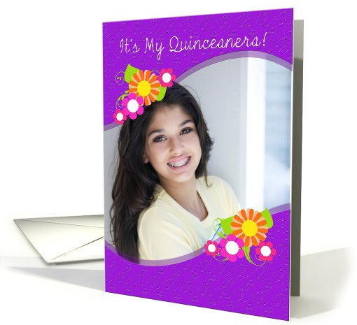 Quinceanera Photo Card Invitation, Purple Lace with Flowers card