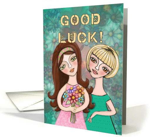 Good Luck Two Girls and Flowers, Contemporary Folk Art card (907866)