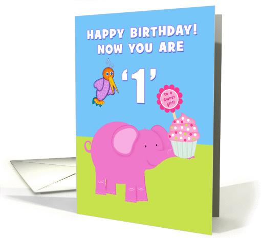 Happy Birthday! Now You Are One, Pink Elephant and Cupcake card