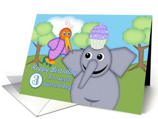 Happy Birthday 3 Year Old Boy, Whimsical Bird, Elephant... (907924)