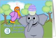 Happy Birthday 3 Year Old Boy, Whimsical Bird, Elephant and Cupcake card